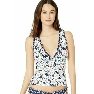 Anne Cole Studio Womens Navy Blue Floral Top Ruffle Strappy Back New XS